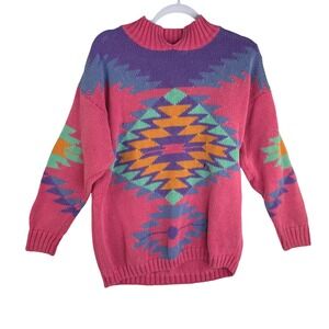 Vintage 1989 I.B. Diffusion Pink Geometric Intarsia Ramie Cotton Sweater Medium